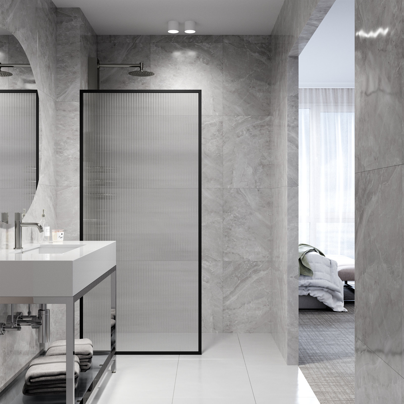 Meridian Framed Fixed Shower Screen, Matte Black Fluted