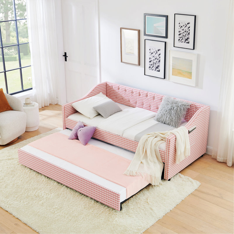 Lit de jour avec lit gigogne et rangement latéral, lit rembourré avec dossier capitonné, cadre de lit pour chambre d'amis, maison, chambre à coucher