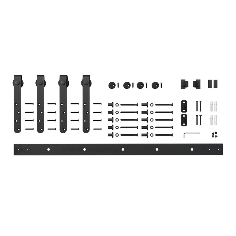 Solid Steel Mini Sliding Rolling Barn Door Hardware Kit for Double Wood Doors, Black, 72 in.