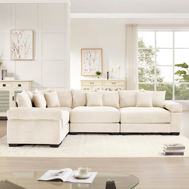 Felder L-Shaped Corduroy Sectional Sofa with Throw Pillows & Deep Seating, Beige Corduroy