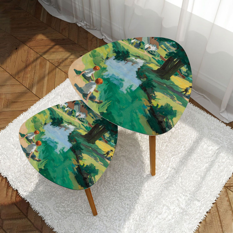 Ensemble de 2 tables basses gigognes triangulaires, paysage de rivière, peinture à l'huile, table de bout, table d'appoint moderne minimaliste pour salon, chambre à coucher