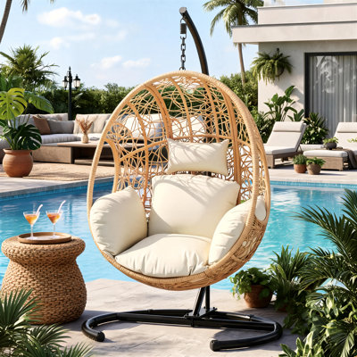Très grande chaise de balançoire en rotin en forme d'œuf avec structure de soutien, capacité de poids de 400 lb, adaptée pour un usage intérieur / extérieur sur un balcon / jardin, style nid d'oiseau beige.