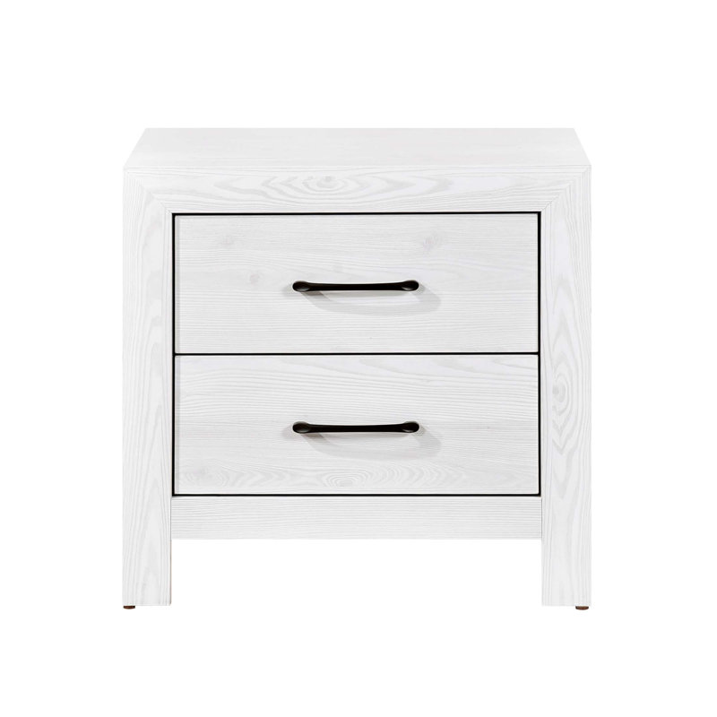 Table de chevet moderne à finition moderne avec 2 tiroirs, texture en bois rustique et quincaillerie en métal pour le rangement dans la chambre à coucher