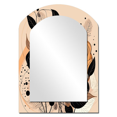 Retro Terracotta Wildflowers Illustration V - Botanicals Asymmetrical Large Wall Mirror, Brown Arch Decorative Mirror, Printed Metal Art