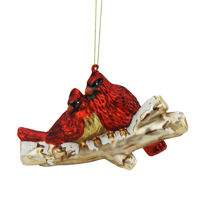 Ornement de Noël 4 po en forme de cardinal rouge et or sur une branche enneigée