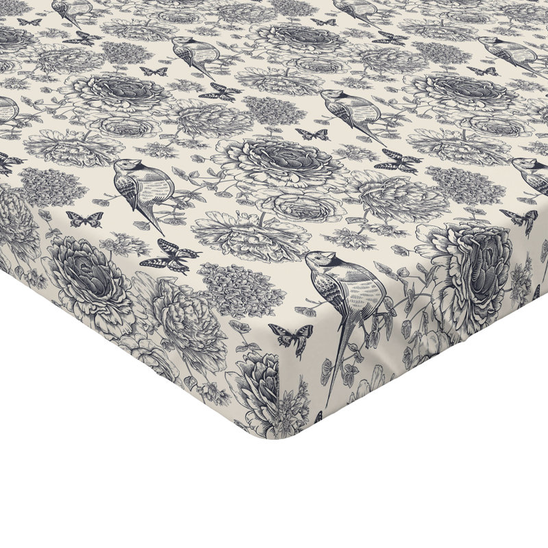 Drap-housse à motif floral Ambesonne, Coquille d'œuf / bleu foncé / motif floral gris, Drap-housse grand