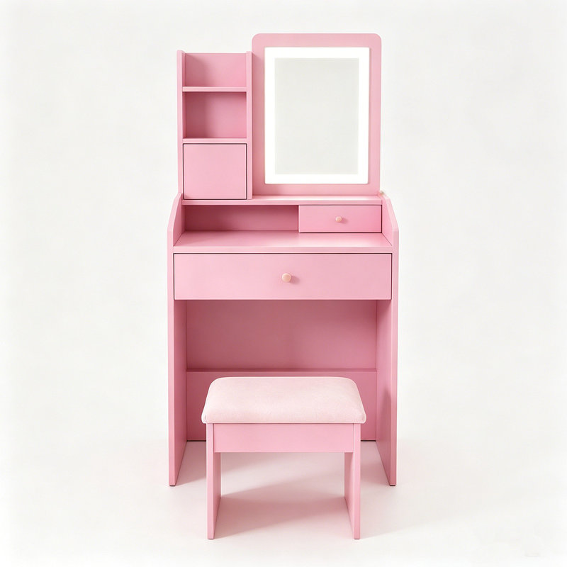  Dressing Table with 3-Color LED Mirror and Stool, 2 Drawers and 5 Storage Cabinets with Adjustable Lighting, Vanity Set with Charging Station and Hairdryer Holder for Bedroom, Pink