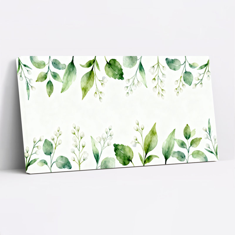 Ensemble de 1 tableau sur toile tendue, motif aquarelle de feuilles et de fleurs vertes, H 12 po x l 36 po