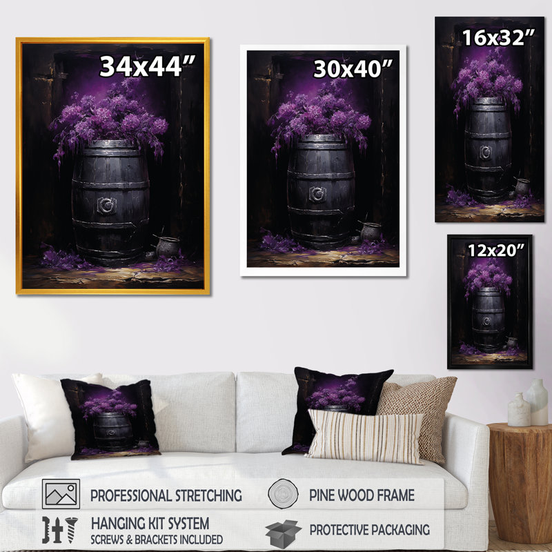 Fleurs mauves en bois tonneau de vin - art mural vin, Cadre doré simple, H 44 po x l 34 po x P 1,5 po