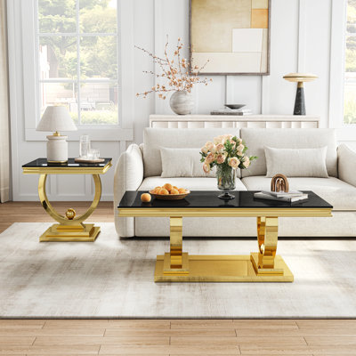 Blum 2-Piece Glass Coffee Table Set, 10Mm Tempered Glass Tops And Mirror-Polished Stainless Steel Frames, Rectangular Coffee Table And Square End Table For Living Room