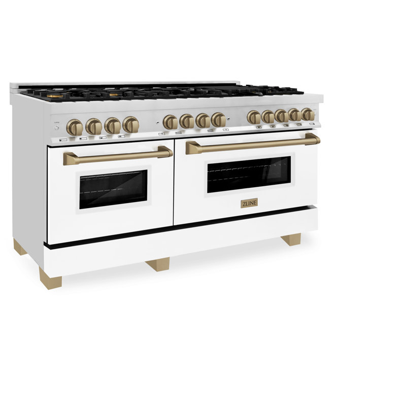 ZLINE Autograph Edition 60 po. 7,4 pieds cubes Cuisinière à gaz à deux brûleurs avec plaque de cuisson à gaz 9 brûleurs et 2 fours électriques à convection en acier inoxydable avec portes blanches mates