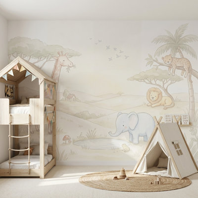 Papier peint safari, décoration murale pastel amovible