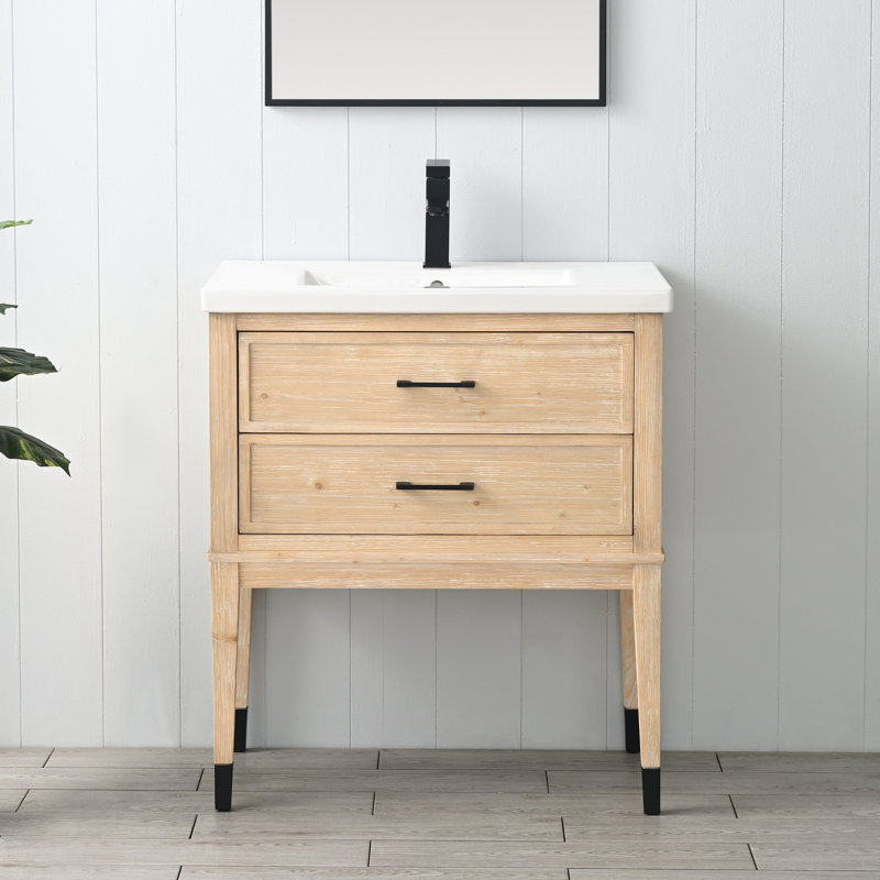 Ensemble de meuble-lavabo simple l 30 po avec plateau en céramique Deon, Teck blanc