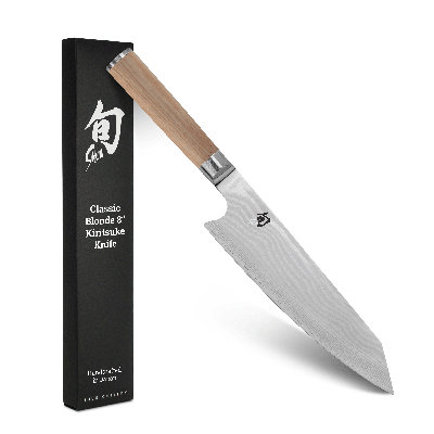 Shun Classic Blonde 8" Kiritsuke Knife, Handcrafted Japanese Kitchen Knife for Professional and Home Chefs, VG-MAX Core with Damascus Stainless Steel Cladding, Pakkawood Handle