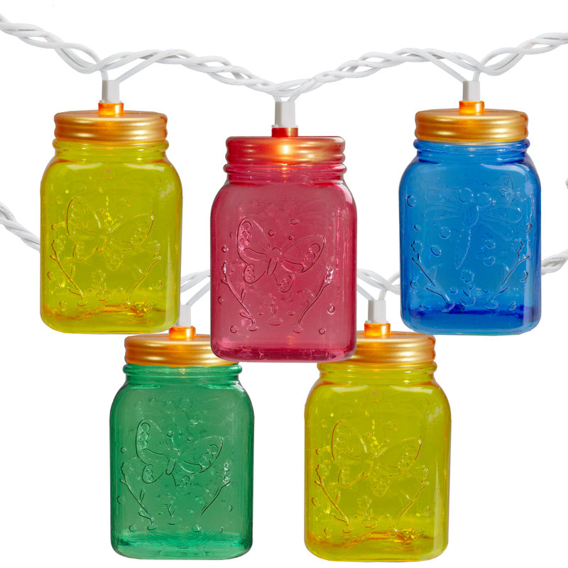 10-Count Multi-Colour Mini Mason Jar Novelty String Light Set 7.5ft White Wire