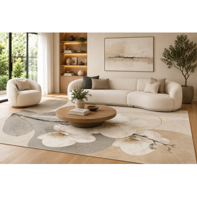 Tapis gris crème et beige avec fleurs blanches et formes circulaires superposées, tapis moelleux antidérapant à poils courts et doux pour le salon et la chambre à coucher