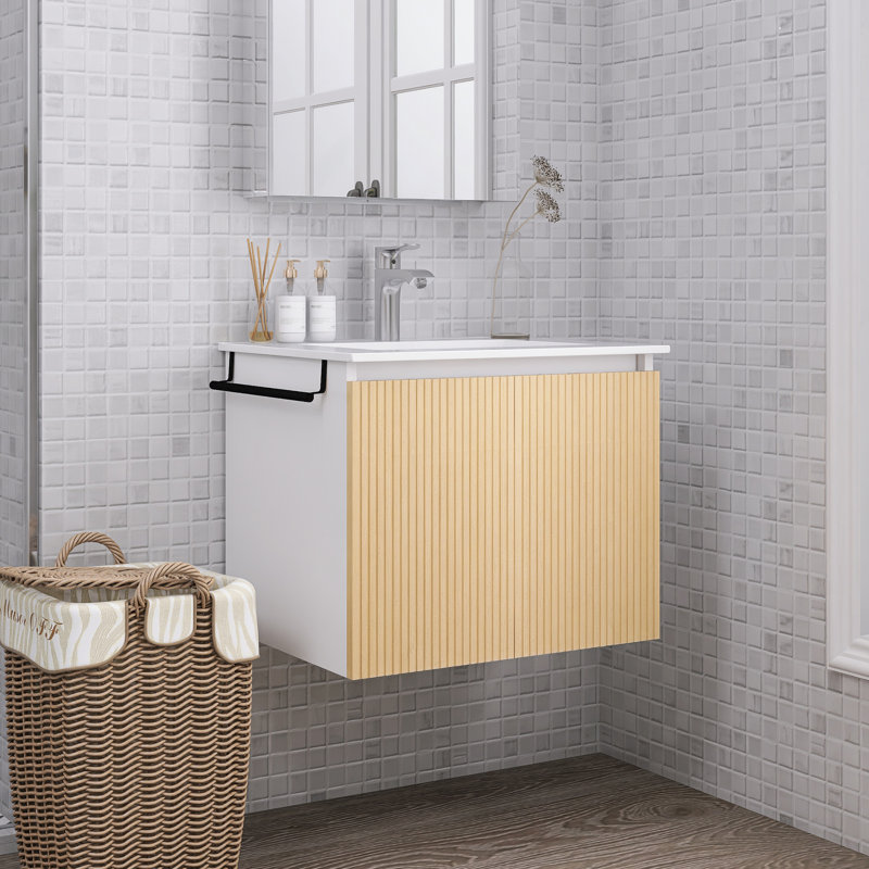 24" Wall-Mounted Bathroom Vanity With Ceramic Sink And Towel Rack, Yellow/White