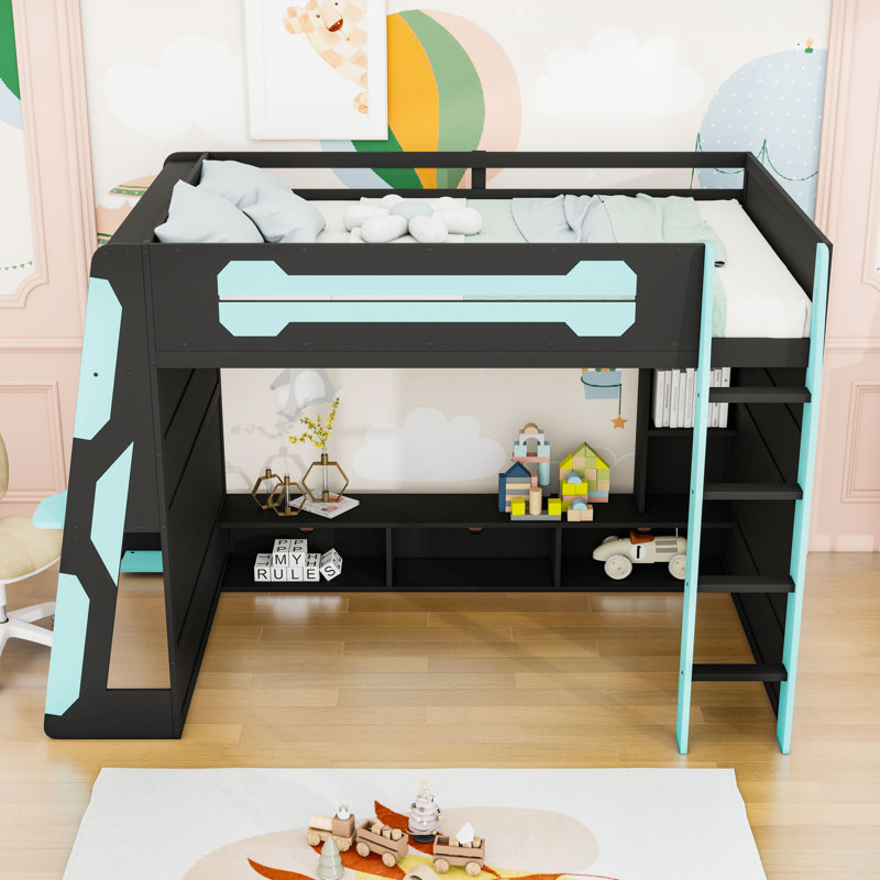 Lit mezzanine double en bois avec bureau, tablettes et lumière RVB, Bleu nuage