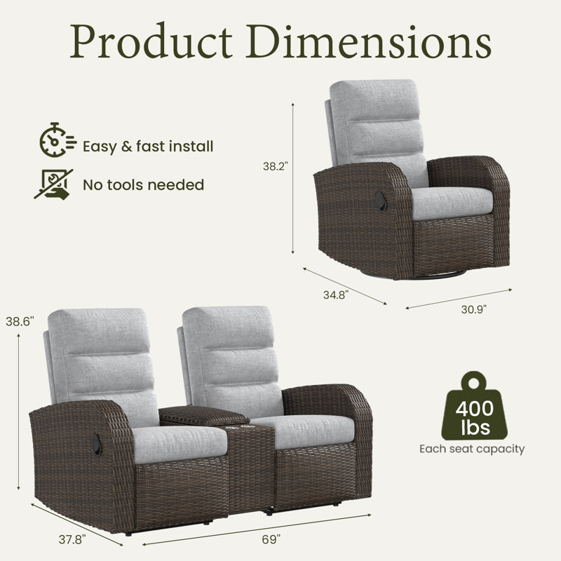 Oversized Wicker Outdoor Reclining Loveseat Sofa Set, 2-seater Recliner Couch With Storage & Cup Holder, Light Gray, Brown