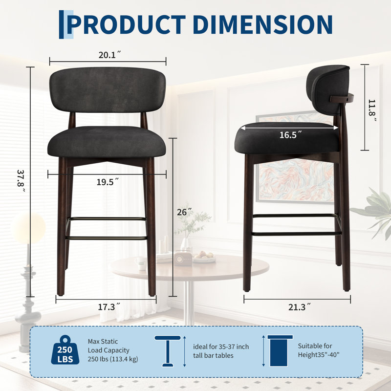 Set of 4 Bar Stools with Backs - 26 Inch Counter Height Kitchen Stools with Wood Legs, Modern Upholstered Chairs for Kitchen Island & Dining, Gray