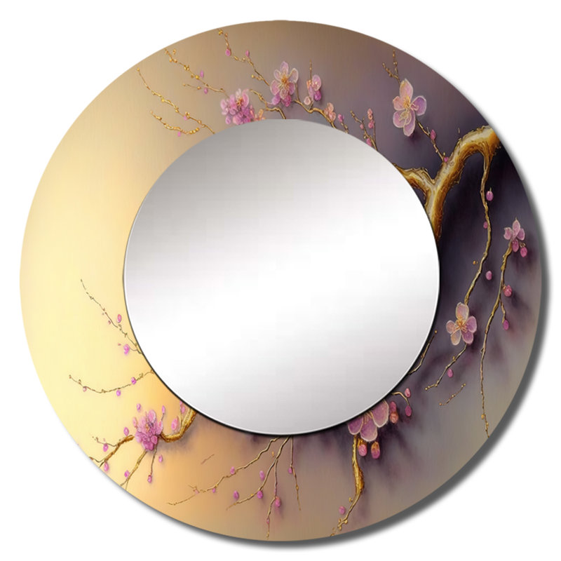 Prudie rose et prune cerisier en fleurs branche VII - miroir mural unique, miroir rond moderne, impression sur métal