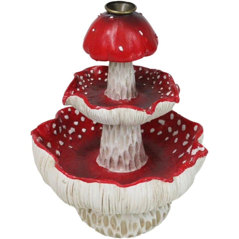 Enchanted Fairy Garden Red 3 Tiered Toadstool Mushrooms Backflow Incense Burner