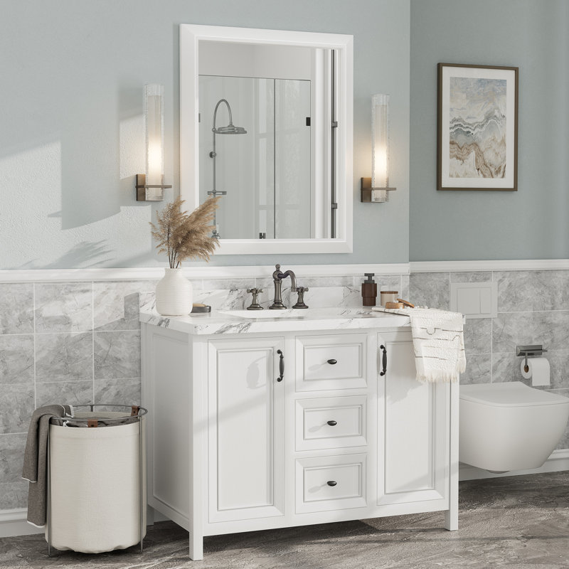 Amara Tempered Glass and Aluminum Alloy Framed French Cleat Mounted Wall Mirror with 5-Year Warranty, 36" x 30", Matte White