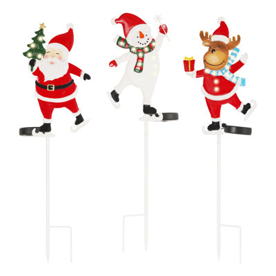 Ensemble de 3 piquets de Noël éclairés à DEL pour patin à glace (Père Noël, bonhomme de neige, renne) - Décoration de Noël en métal pour l'extérieur