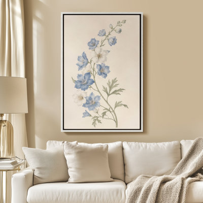 Art mural encadré sur toile - Branche florale bleue élégante sur fond neutre - 16 po x 24 po, 24 po x 36 po