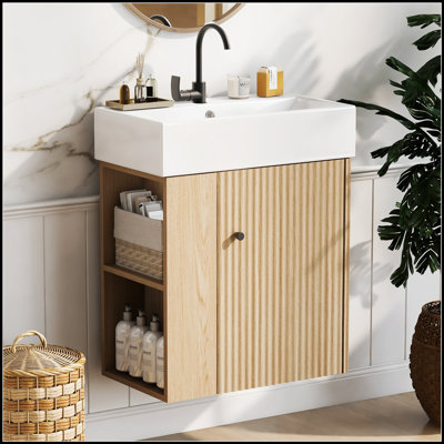 Meuble-lavabo flottant moderne de 21,6 po avec lavabo en céramique et rangement à droite, conception peu encombrante pour les petites salles de bain