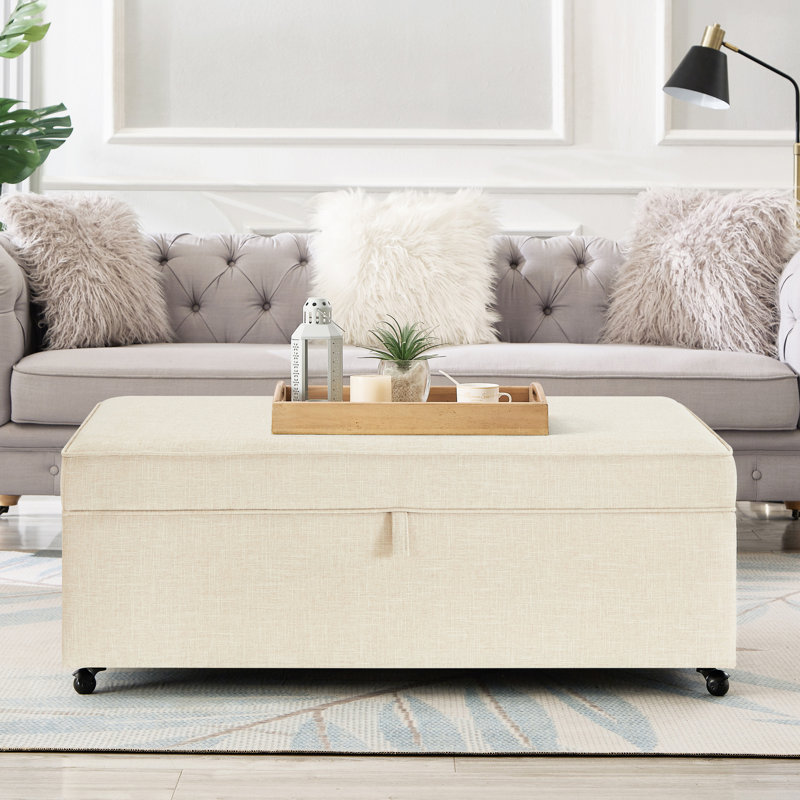 Moderne avec amplement de rangement - tissu en lin, meubles en bois massif polyvalent de 45 x 24 x 17,5 pouces avec repose-pieds et siège, table basse à grande capacité de conception américaine, option 45 x 24 x 17,5 po