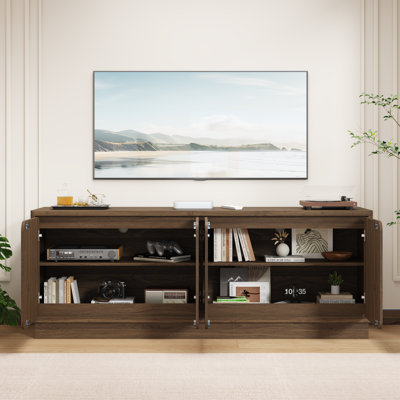 63 Inch TV Stand with 4 Storage Doors, Wood Particle Board Media Console Cabinet with Cable Holes, Modern TV Cabinet for Living Room