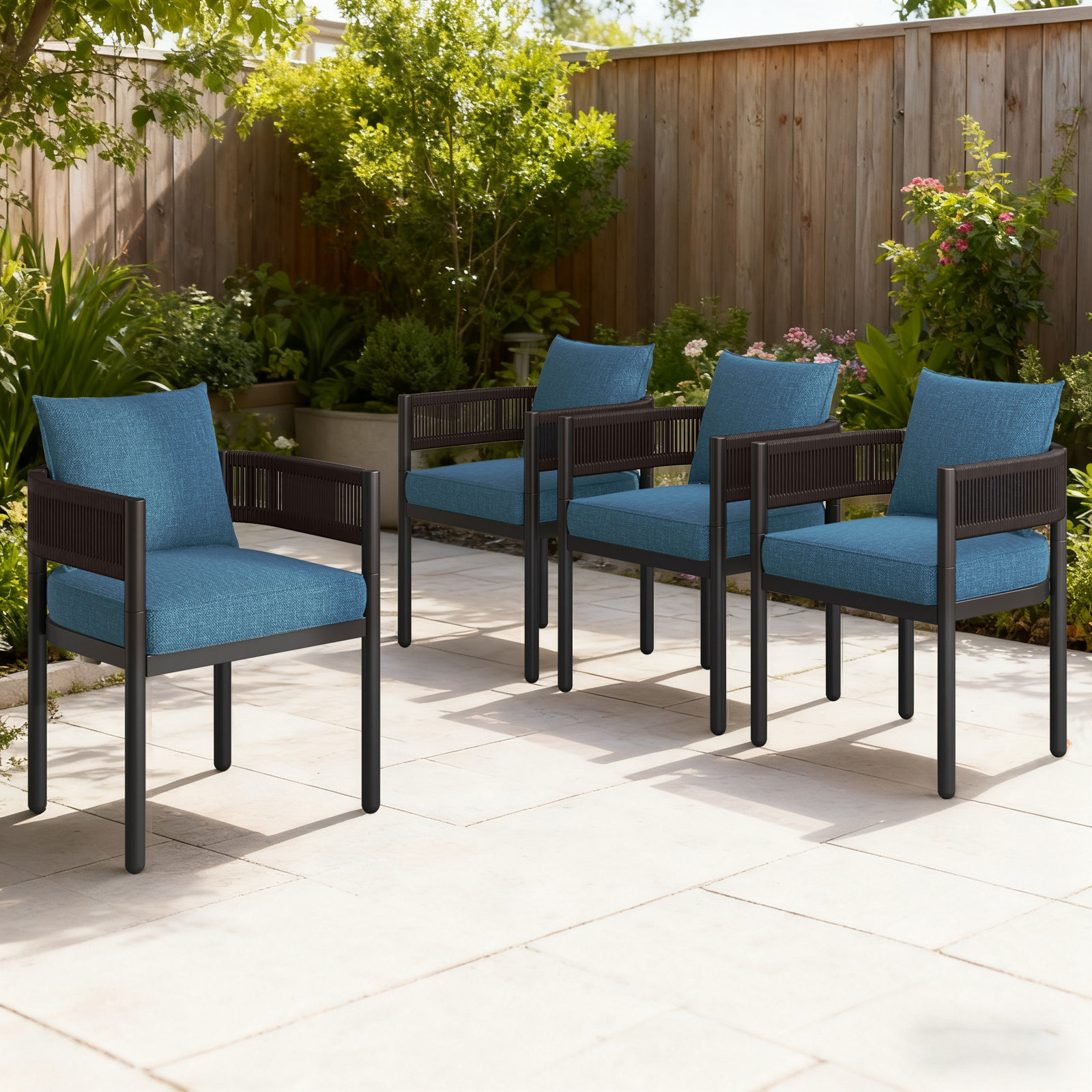 Alexandria Outdoor Dining Chairs With Cushions Set Of 4, Dark Blue Cushion/ Black Arm