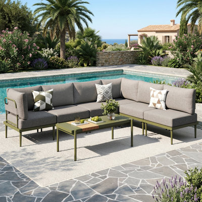 Patio Metal Coffee Table, Outdoor Modern Metal Outdoor Coffee Table with Slatted Wood-Look Tabletop, Green