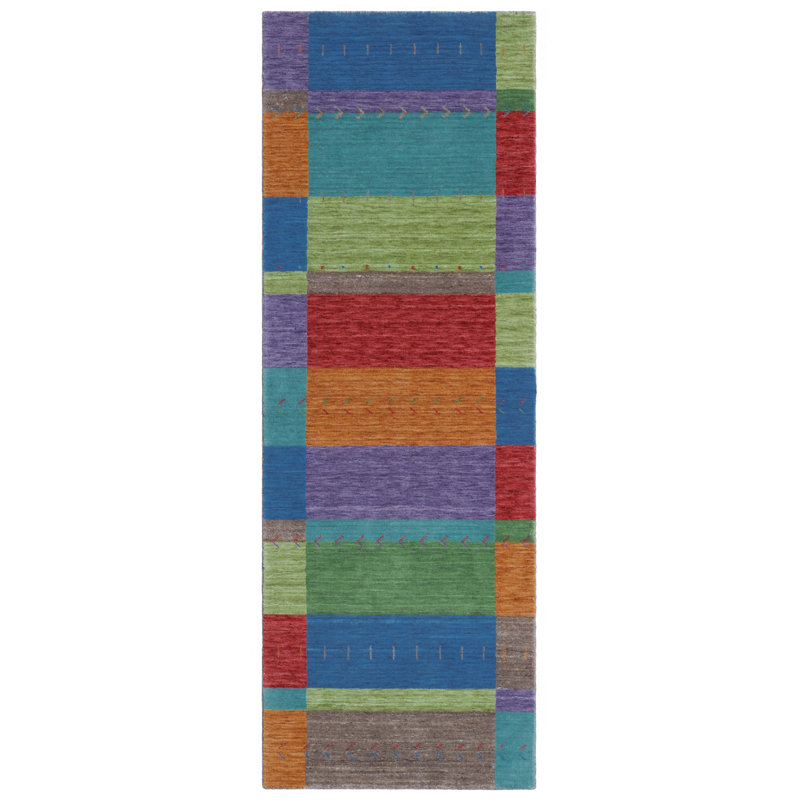 Gemstones Hand-Woven Wool Blue/Red/Orange Area Rug, Runner 2'6" x 8'