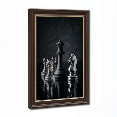 Black Chess King And Silver Knight With Glass Pawns Canvas Wall Art