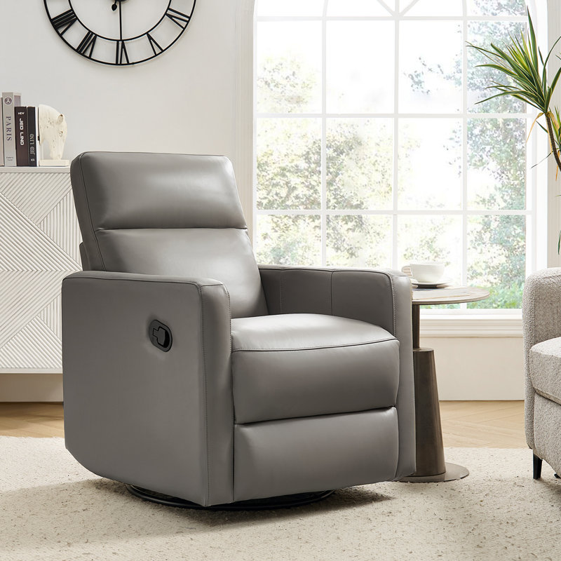 Sumbul Genuine Leather Upholstered Swivel Rocker Recliner, Gray Leather