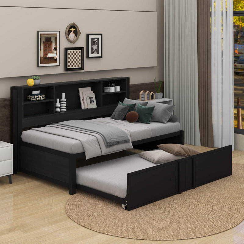 Metal Twin Size Daybed With Trundle, Storage Shelves And USB Ports, Black