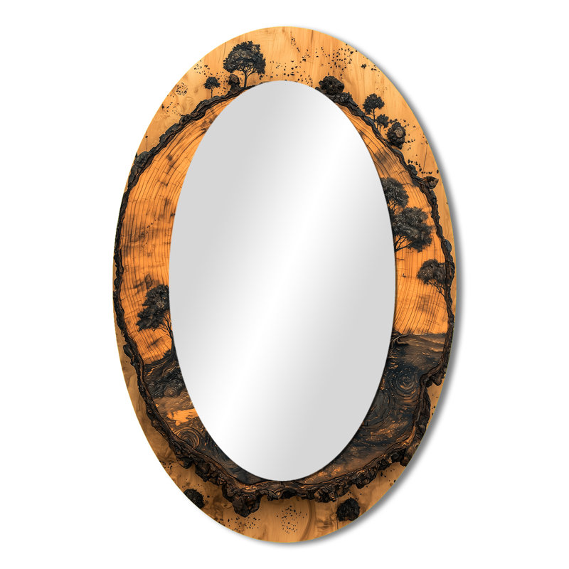 Elephant Under The Baobab Tree Wood Slide II - Grand miroir mural ovale sur métal, 36 po x 24 po