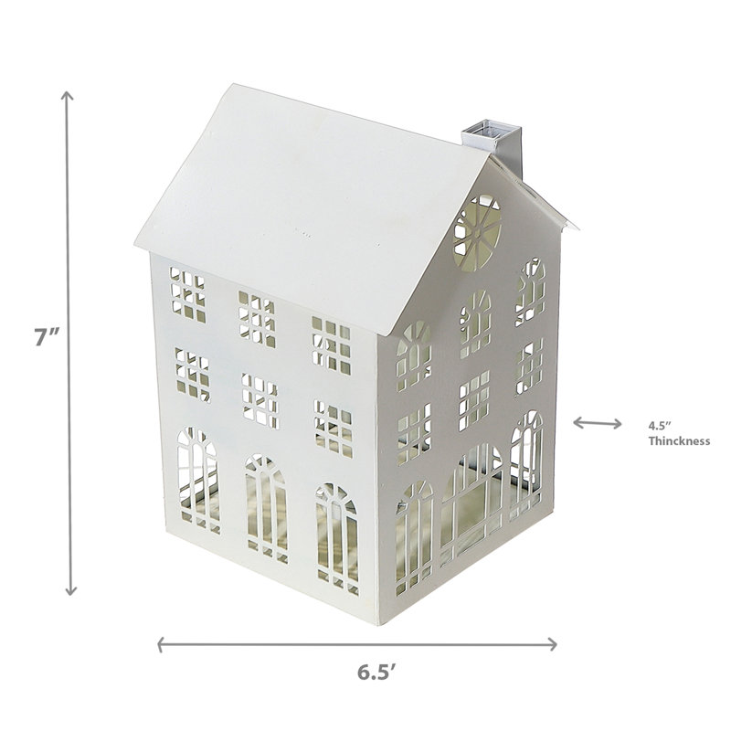Metal House Tealight Holder (Large), 7" H x 7" W x 9.5" D, White