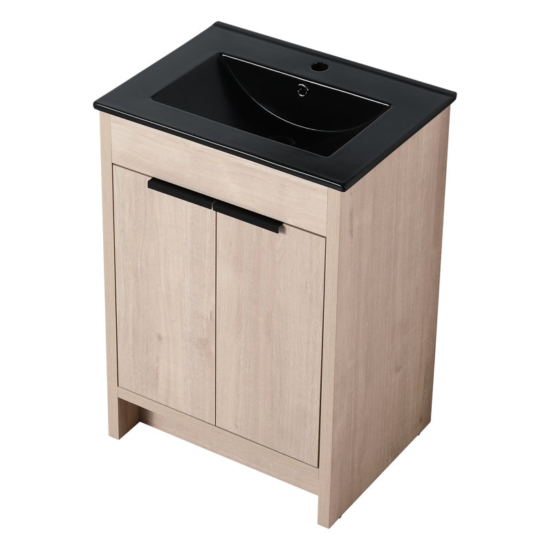 Armoire de salle de bain autoportante de 24 pouces avec lavabo en céramique noire et portes à fermeture en douceur - composant de meuble-lavabo aspect moderne en contreplaqué