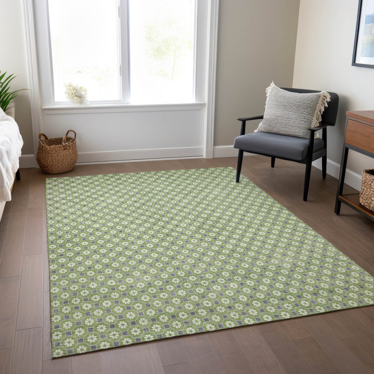 Machine Washable Indoor/Outdoor Christain ACN1431 Green Rug