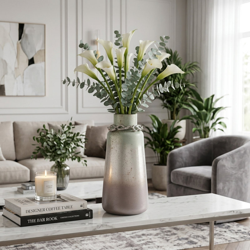 Frosted Bottle Shape Glass Vase with Sculpted Metal Collar for Home Decor - Decorative Tall Flower Vase Accent for Living Room Display - Silver & Brown