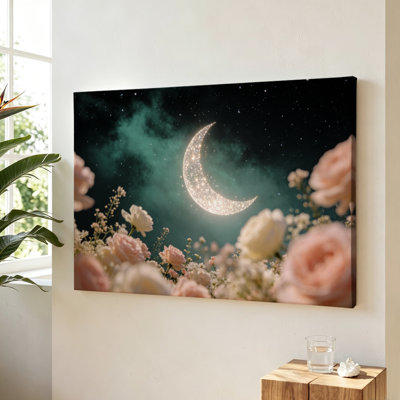 Croissant de lune parmi des fleurs délicates, art onirique et éthéré, impression sur toile pour Halloween, décoration murale automnale champêtre pour salon ou chambre, 61 x 91 cm