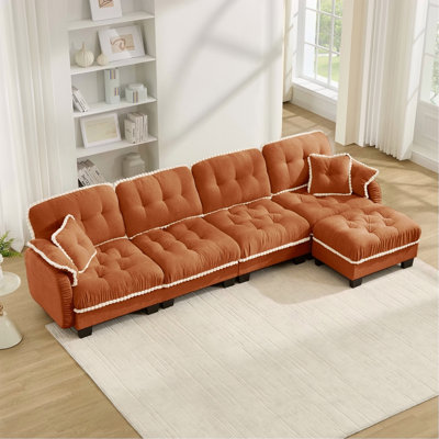 Chenille Cloud L-Shaped Sofa with 4 Pillows, Movable Ottoman Pom-Pom Trim Quilted Tufted Cushion Ergonomic Design, Easy Assembly Deep Seat Couch for Living Room Office, Apartment, Orange