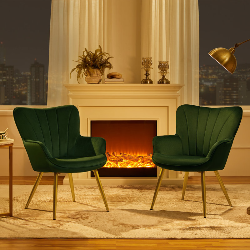 Fauteuil Bakhyt de 25,2 po de largeur, Velours vert, Doré
