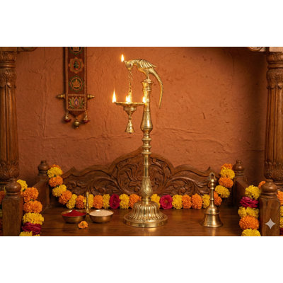 Lampe à huile 29 po en laiton faite à la main avec perroquet | Diya à mèches multiples pour chambre de Puja, décor de temple et décor de maison indienne | Métal finement traditionnel