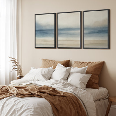 Soft Blue Coastal Horizon Framed Canvas Master Bedroom Wall Art Work 3 Pieces Print