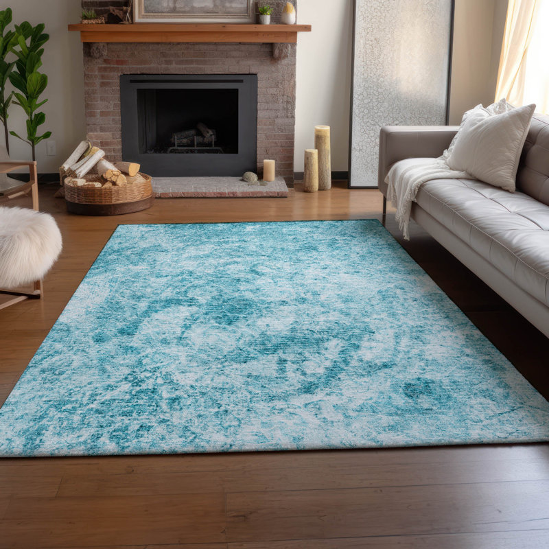 Teal 5' x 7' Washable Synthetic Rectangular Rug