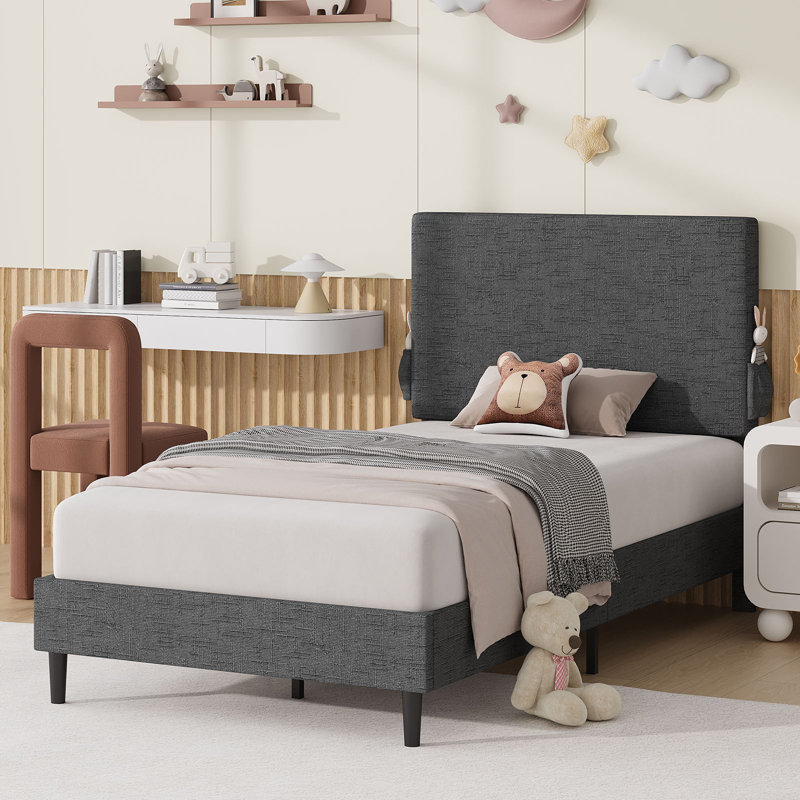 Chenille Fabric Platform Bed Bed Frame With Upholstered Headboard, Dark Gray